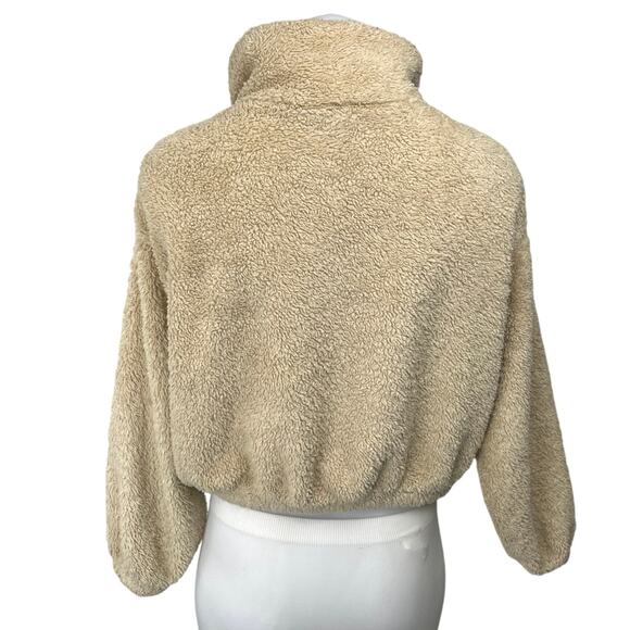 H&M Women's Beige Tan Half Zip Sherpa Fleece Pullover Crop Teddy Sweater Top XS - Picture 2 of 5
